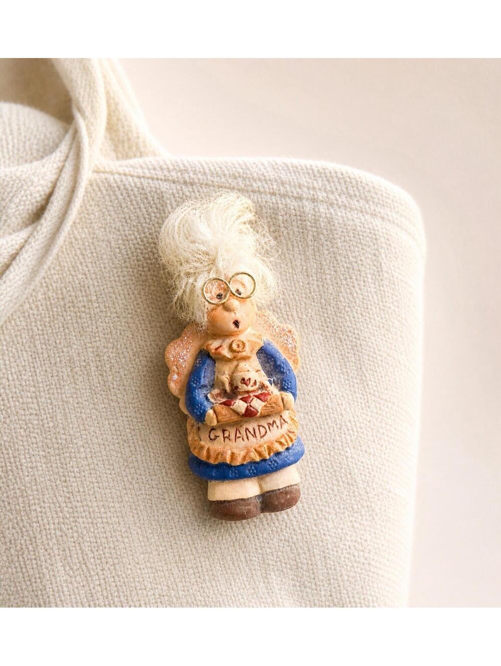 Vintage 1980s Grandma Resin Figural Brooch Pin White Hair Wire Glasses, 1.5x3”